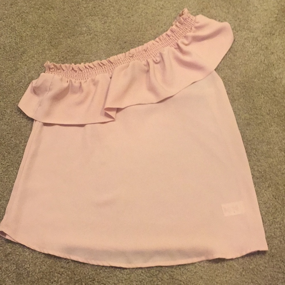 One shoulder, ruffle blouse